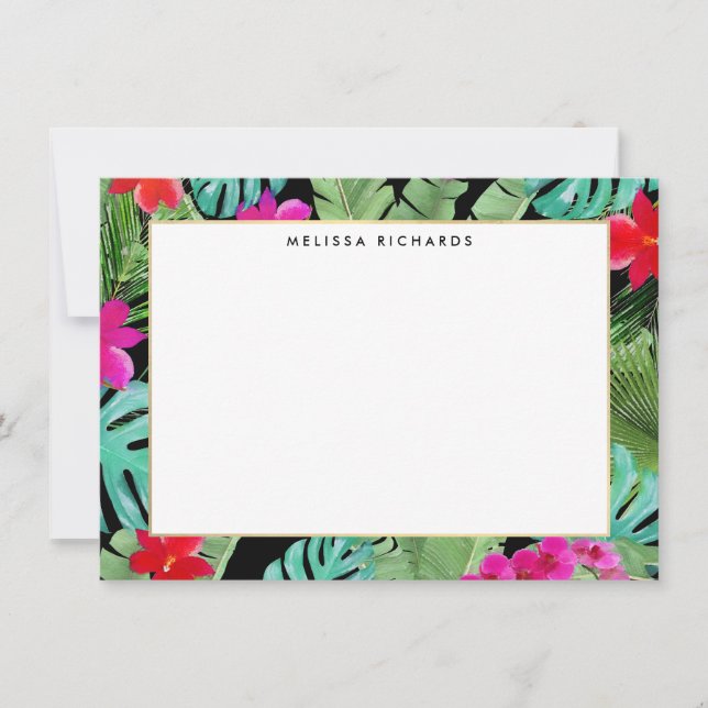 Chic Tropical Impressão Black Flat Note Card (Frente)