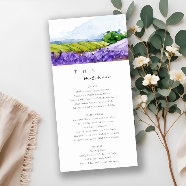 Chic Watercolor Lavanda Fields Wedch Menu Card (Criador carregado)