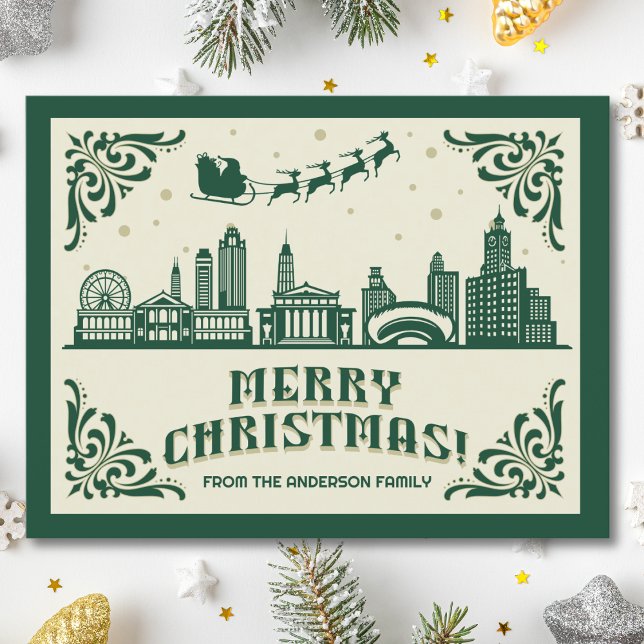 Chicago, cartão postal de Natal Skyline no Skyline (Chicago, IL skyline christmas card green modern merry christmas postcard with custom details)