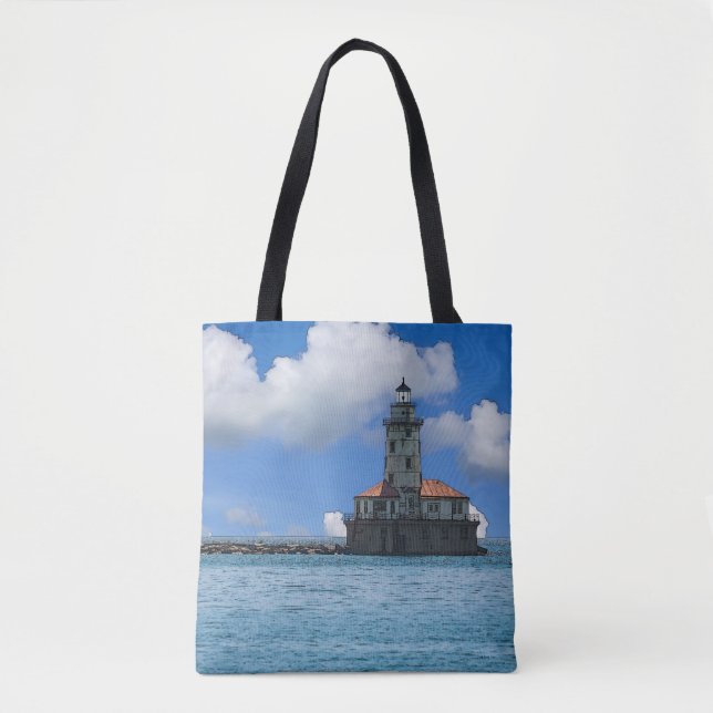 Chicago Harbor Lighthouse Painterly Tote Bag (Frente)