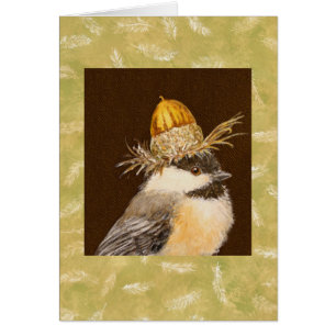 Chickadee com o cartão do chapéu da bolota do