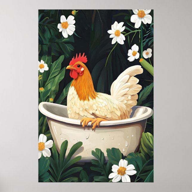 Chicken In Bathtub Poster, Funny Animal Poster (Frente)