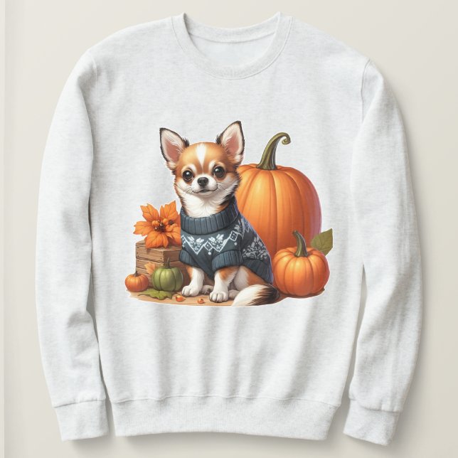 Chihuahua bonitinho em Suéter com Pumpkins (Frente do Design)