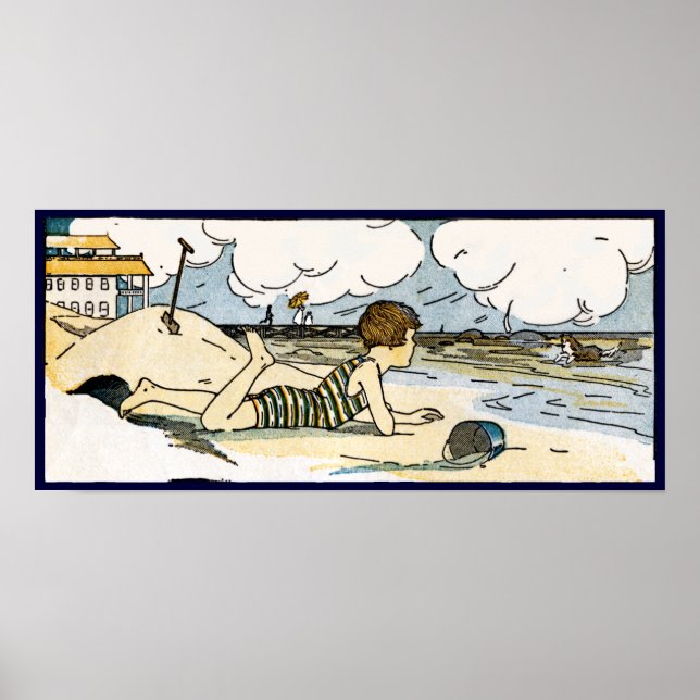 Child on Beach Vintage Art Poster Impressão (Frente)