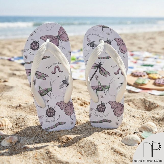 Chinelo de Dedo Pink Bug Kids Ladybug Dragonfly  (This Pink Bug Kids Flip Flops Ladybug Dragonfly Shoes feature hand drawn nature ink art)