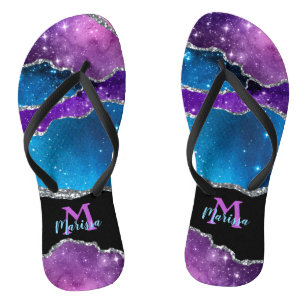 Chinelos Ágata e Brilho Verde-azulado Roxo Prata Preto