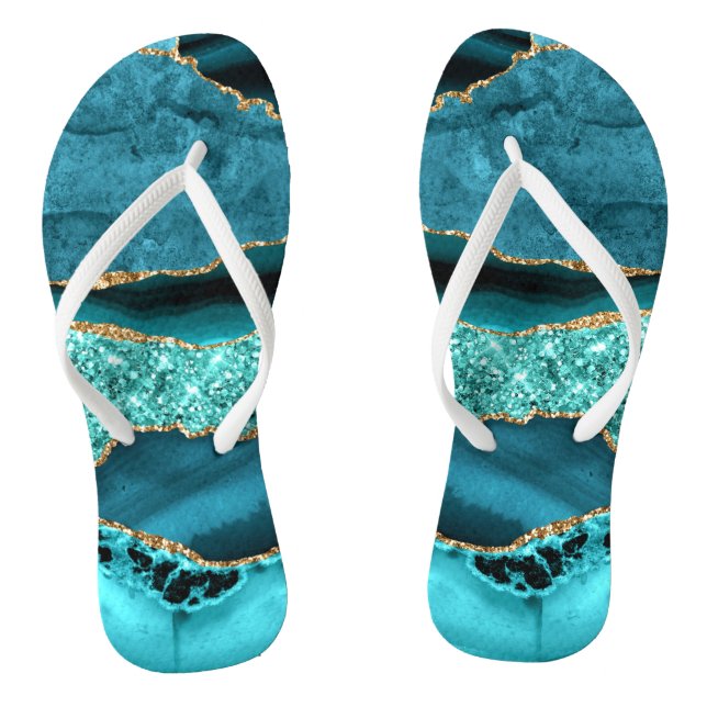 Chinelos Agate Teal Blue Glitter Marble Aqua Turquoise (Pé da cama)
