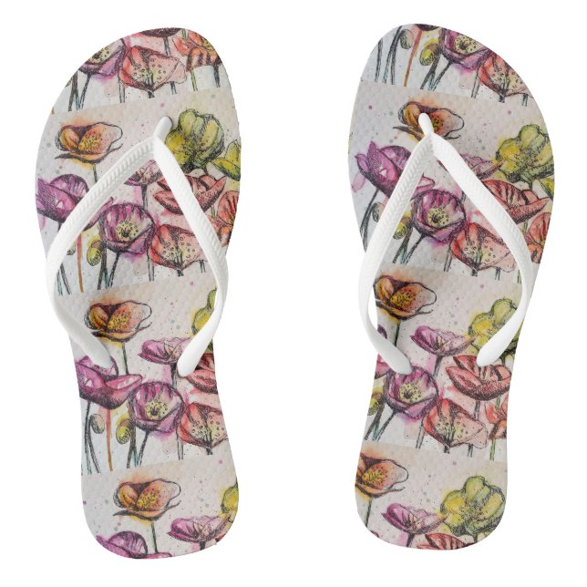 Chinelos Amoedo Vermelho Roxo Papoulas Floral Flores Senhor (Pé da cama)