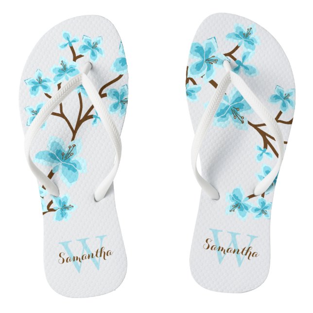 Chinelos Aqua Cherry Blossoms Monogrammed (Pé da cama)