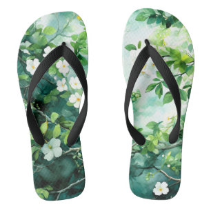 Chinelos Aquarela Botânica Flores Brancas Folhas Verdes