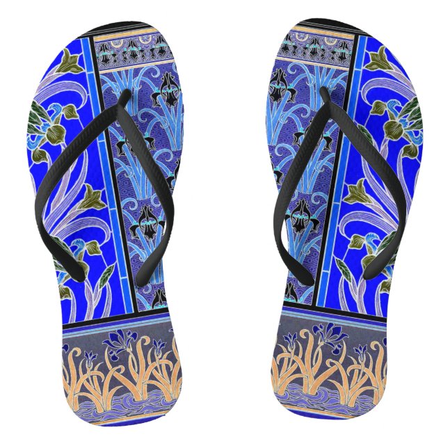 Chinelos Art nouveau íris flor elegante azul verneui preto (Pé da cama)