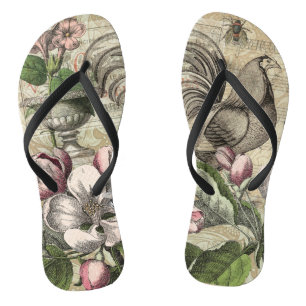 Chinelos Arte de Colagem de Jardim com Galo Vintage: País F