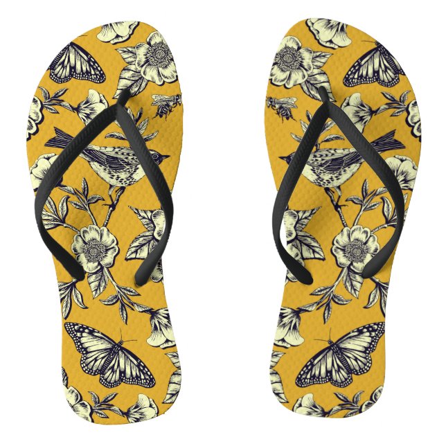 Chinelos Aves Amarelas e Marinhos de mostarda, Borboletas e (Pé da cama)