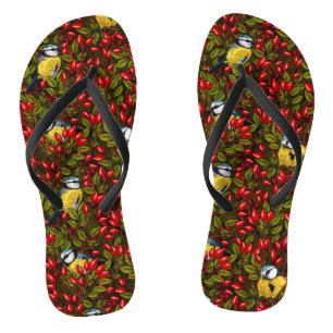 Chinelos Aves e rosa de cães, verdes e vermelhos