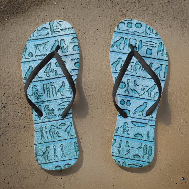 Chinelos Azul de Hieroglifos Egípcios Antigos (Walk like an ancient Egyptian in our stylish flip flops! 👣💙 #HieroglyphicChic #SummerVibes)