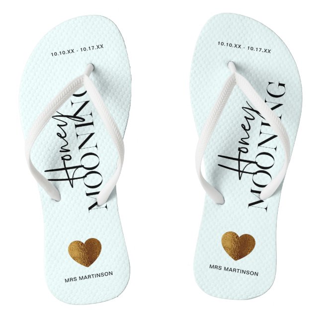 Chinelos Azul e Branco em Honeymooning com Nome e Datas (Pé da cama)