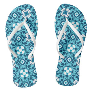 Chinelos Azulejo Marroquino Floral, Índigo, Azul Céu e Bran