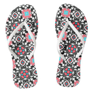 Chinelos Azulejo Marroquino Floral, Preto, Branco e Rosa Co