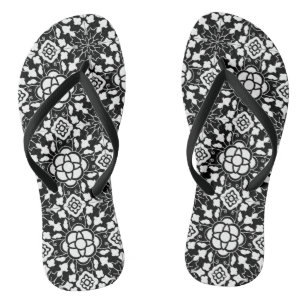 Chinelos Azulejo Marroquino Floral, Preto e Branco