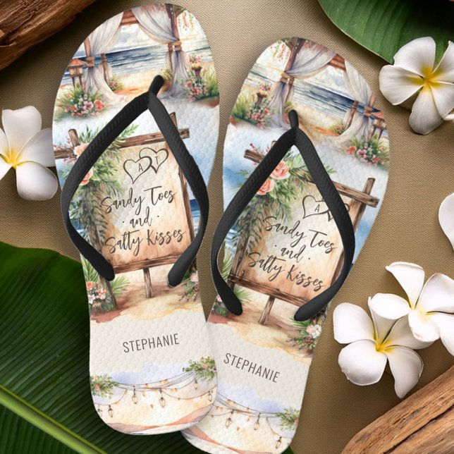 Chinelos Beach Wedty Toes Sandy Kisses Personalize (Montage personalized flip flops from the Sunset Beach Wedding Collection by Darling & May)