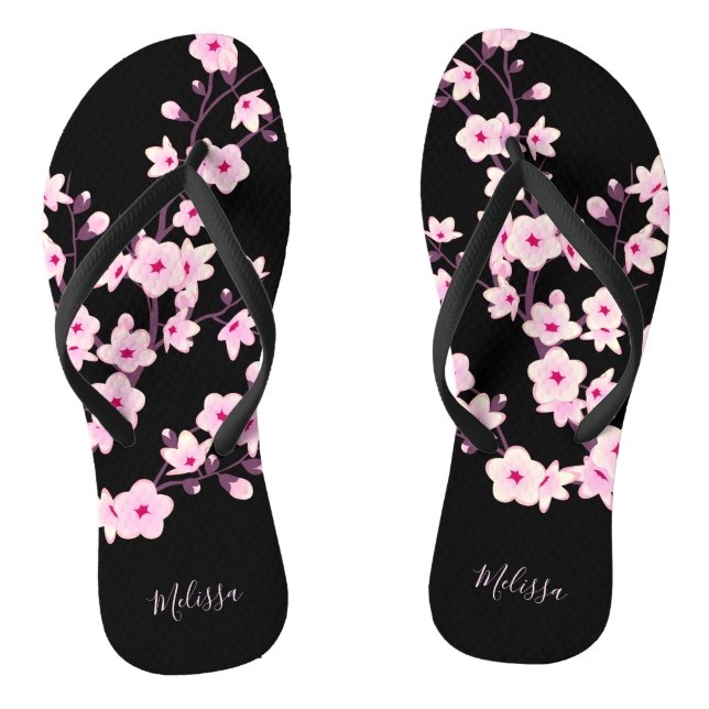 Chinelos Blossomas de Cereja Floral Monograma Preto Rosa (Pé da cama)
