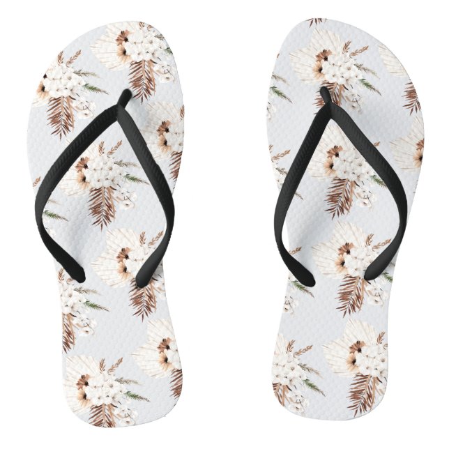 Chinelos Boho Marrom Grama de Pampas Orquídeas Brancas Mono (Pé da cama)