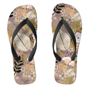 Chinelos Boho Preto Branco Dourado Pêssego Folha Floral Des