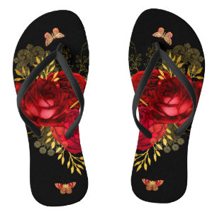Chinelos Borboleta de Rosas vermelhas Elegante Dourada