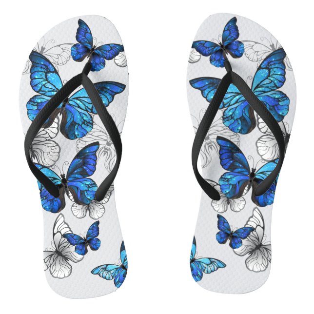 Chinelos Borboletas Azuis Voadoras Morpho (Pé da cama)