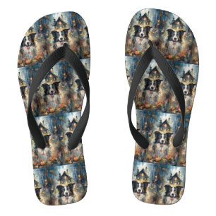 Chinelos Border Collie de Halloween com Abóboras Assustador