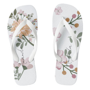 Chinelos Brancos Florais de Nome Personalizado