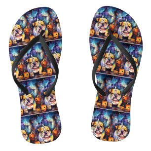 Chinelos Bulldog de Halloween com Abóboras Assustador