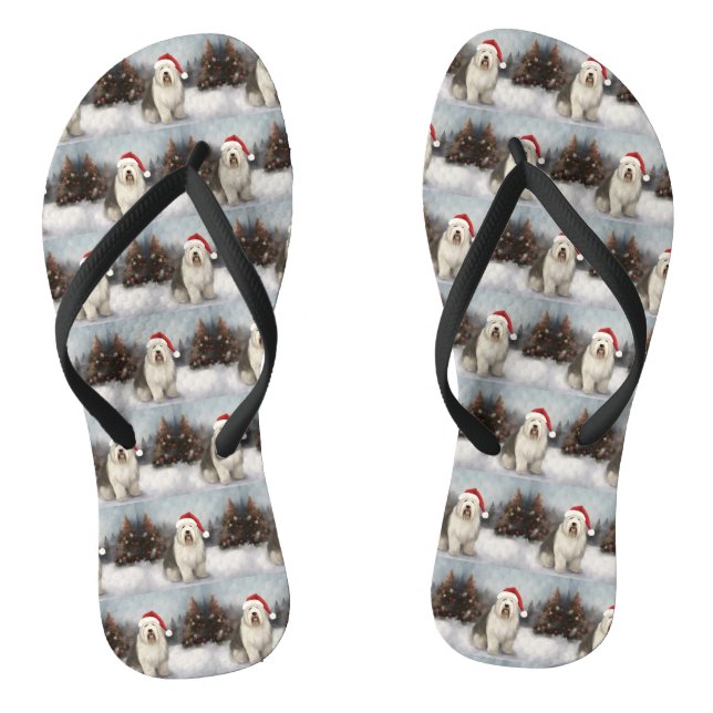 Chinelos Cão de Pastoreio Inglês Antigo na Neve Natal (Pé da cama)