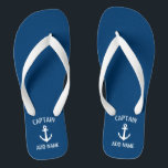 Chinelos Capitão de navio-âncora náutico azul-marinho perso<br><div class="desc">Chinelos personalizados de capitão de navio náutico azul e branco marinho. Caixas de praia personalizadas com o logotipo da âncora do navio. Sandálias marítimas para marinheiros e entusiastas da vela. Cor personalizável. Oferta de Festa de aniversário legal ou ideia de favor de festa para amigos, pais, marido, tio, avô, noiva...</div>