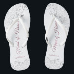 Chinelos Casamento de Rosa de Madrinha de casamento de Prat<br><div class="desc">Estas belas chinelos de casamento são uma maneira excelente de obrigado e reconhecer sua Madrinha de casamento enquanto salva os pés dela ao mesmo tempo. Possui um design elegante com rendas de cinza prateada em um fundo branco e letras de script rosa ou rosa-mauve empoeirado de rico. O teste lê...</div>