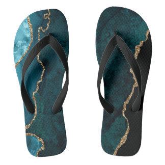 Chinelos Chic Teal Gold Glitter Agate Custom Monogram
