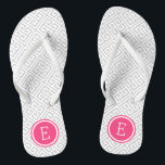 Chinelos Cinza e Monograma de Chave Grego Rosa<br><div class="desc">sandálias de flutuação de sacudir impressas personalizadas com um padrão-chave grego na moda moderno e o seu monograma personalizado ou outro texto em círculo. Clique em Personalizar para alterar as fontes e cores do texto ou adicionar suas próprias imagens para criar uma única design!</div>
