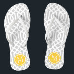 Chinelos Cinza e Monograma de Trellis Amarelo<br><div class="desc">sandálias de flutuação de sacudir impressas personalizadas com um padrão de pisca moderno na moda e um monograma personalizado ou outro texto em um quadro circular. Clique em Personalizar para alterar as fontes e cores do texto ou adicionar suas próprias imagens para criar uma única design!</div>
