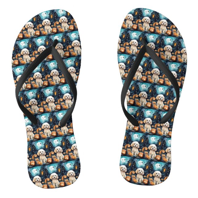 Chinelos Cockapoo De Halloween Com Pumpkins Assustado (Pé da cama)