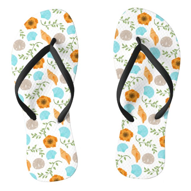 Chinelos Conchas Azuis do Mar Caracol Flor Laranja (Pé da cama)