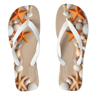 Chinelos Conchas, estrelas-do-mar e seixos numa praia areno