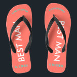 Chinelos Coral do Melhor Nome do Homem<br><div class="desc">As cores brilhantes da praia em coral com o Melhor Homem escrito em texto branco maiúsculo. O nome do melhor homem e a data do casamento são escritos em coral com sotaques negros. Personalize com o Nome no topo em letras maiúsculas em texto arquivado. chinelos legal de destino de praia...</div>