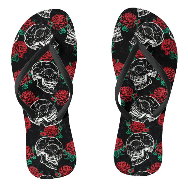 Chinelos Crânios e Rosas vermelhas | Grelha Gótica Moderna (Pé da cama)