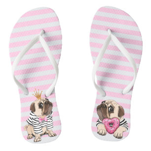 Chinelos Cute Pug com Rosquinha Coroa e Coração Rosa
