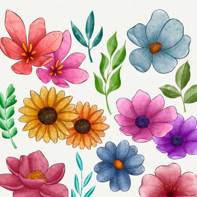 Chinelos de Flores de Aquarela (A vibrant array of hand-painted flowers fills the canvas, showcasing a delightful mix of colors.)