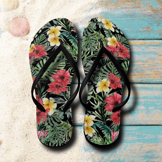 Chinelos de Padrão Floral Tropical Preta (Criador carregado)