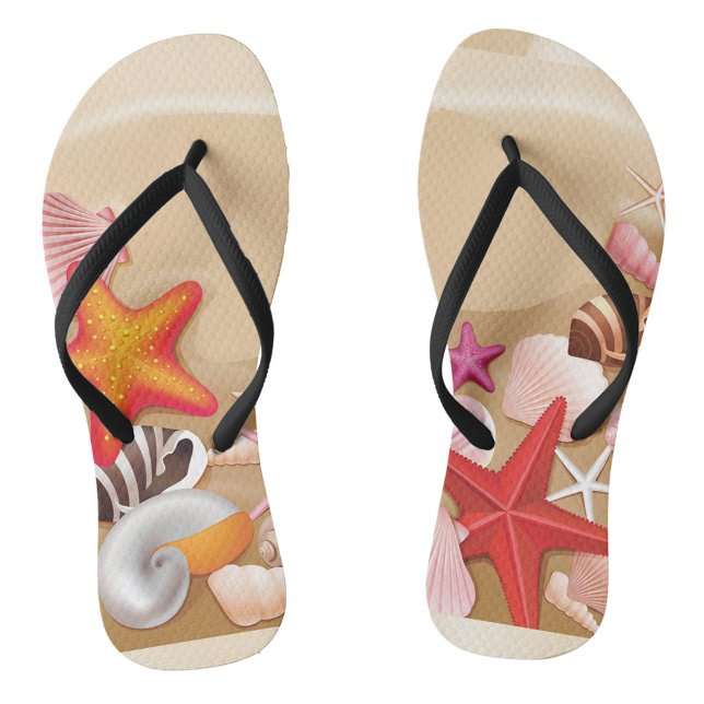 Chinelos de Starfish (A vibrant arrangement of seashells and starfish on a sandy beach background.  )