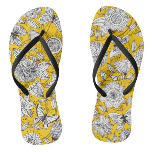 Chinelos Desenho abstrato floral branco amarelo fofo