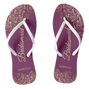 Chinelos Dourado lugar no Casamento de Bridesmaid Roxo do C