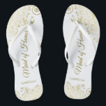 Chinelos Dourado lugar no casamento de Madrinhas de casamen<br><div class="desc">Estas belas chinelos de casamento são uma maneira excelente de obrigado e reconhecer sua Madrinha de casamento enquanto salva os pés dela ao mesmo tempo. Possui um design elegante com colchetes de renda de ouro em um fundo branco e uma inscrição de script de cor ouro de rico. O teste...</div>